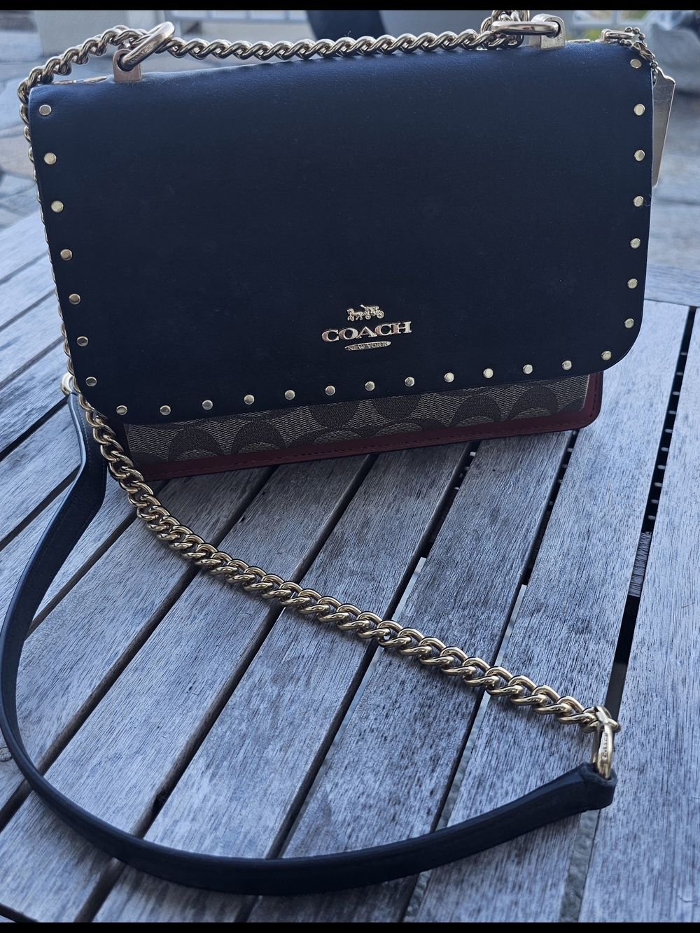 Coach Black Leather & Brown Signature Studded Crossbody with Burgundy Trim